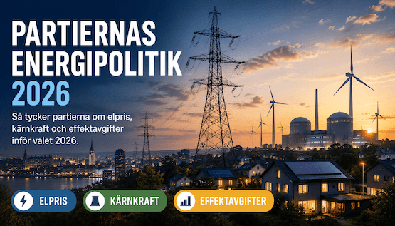Illustration av svensk energipolitik inför valet 2026 med kraftledning, vindkraft och stadsmiljö
