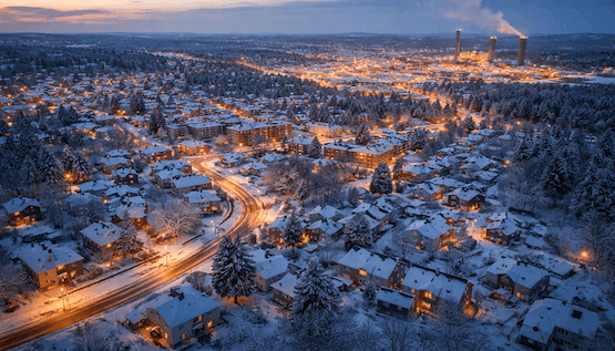 Snötäckt stad vid skymningstid